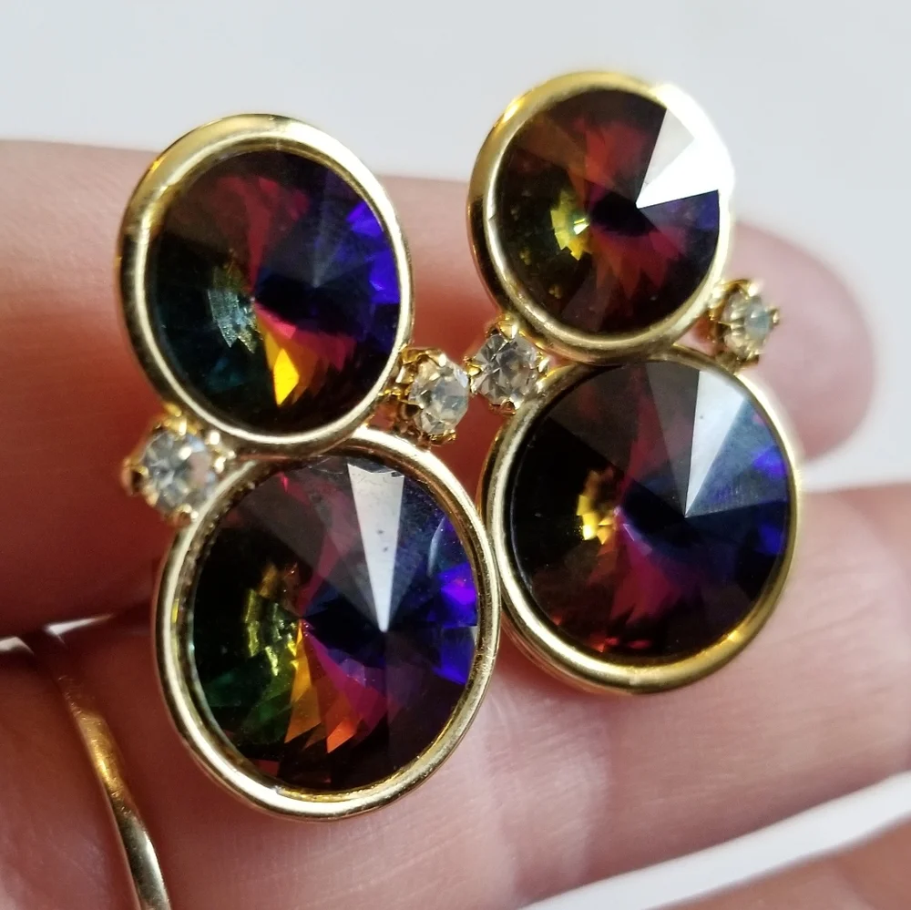 Vintage clip earrings rivoli rhinestones gold tone